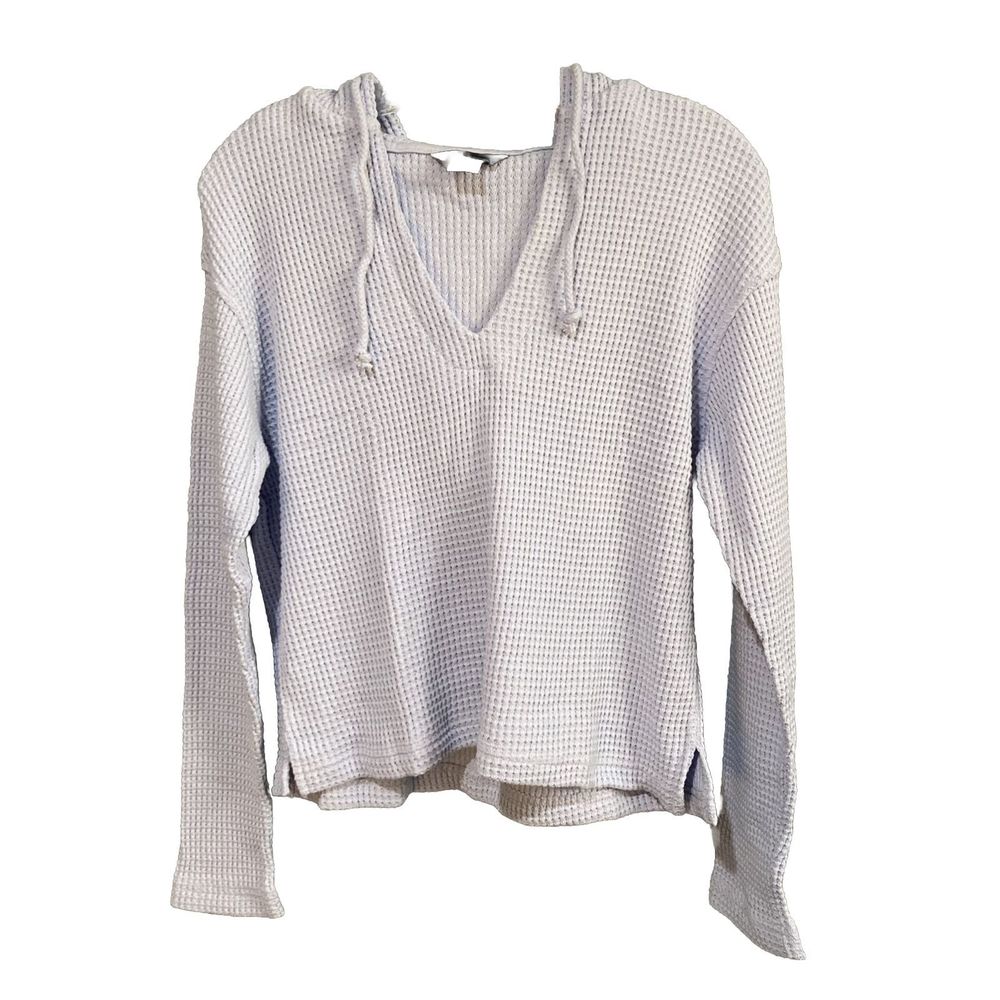 Moda International Womens Baby Blue Long Sleeve Waffle-Knit Hooded Sweater Sz XS